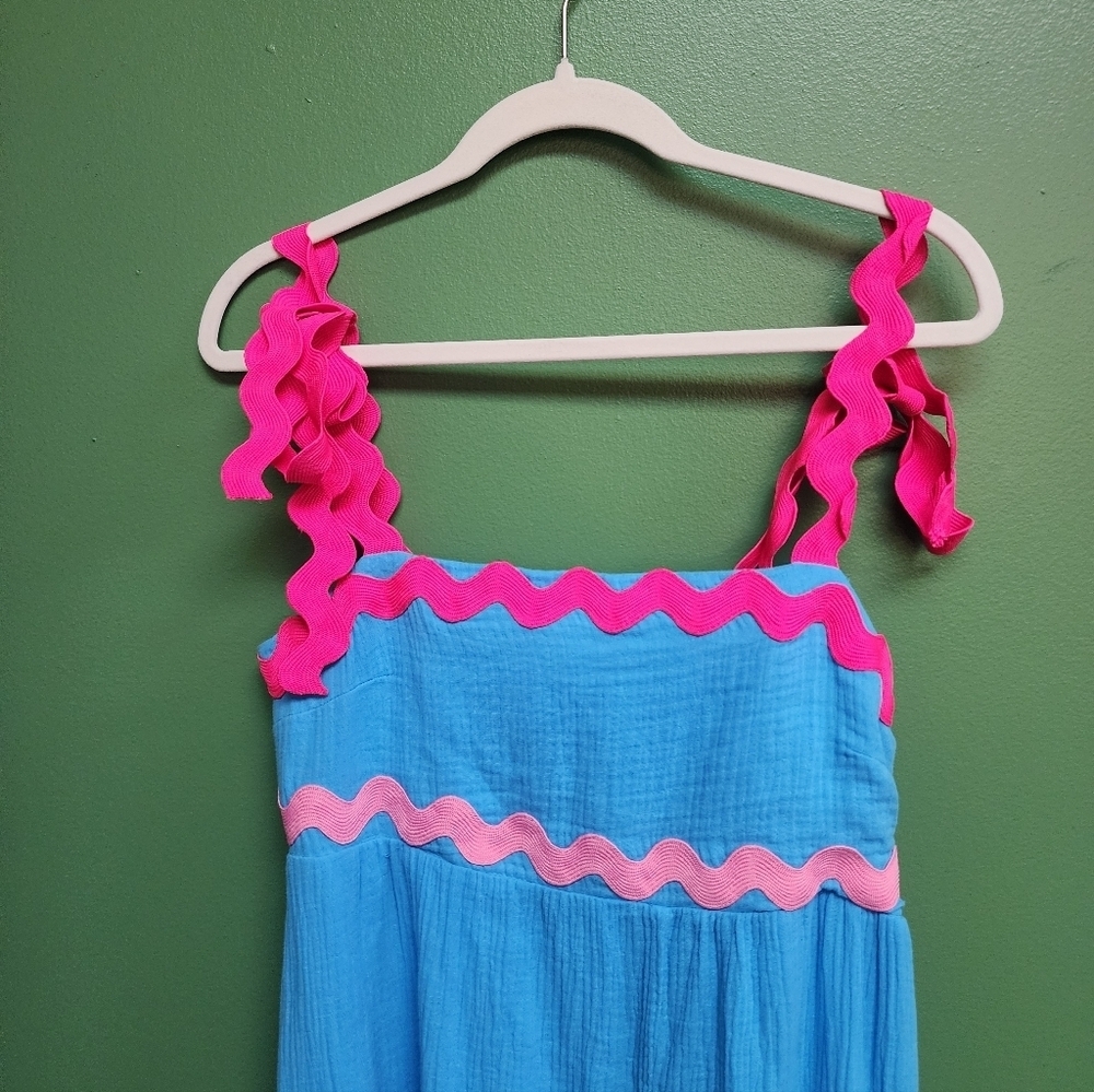 NWT Davi & Dani Blue Ric Rac Maxi Dress Size Medium Pink Trim - Picture 3 of 5